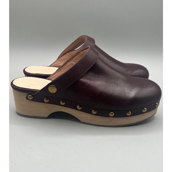 J. Crew Size 7 Convertible Leather Studded Embellished Wood Sole Clogs Shoe Wine - Picture 1 of 9